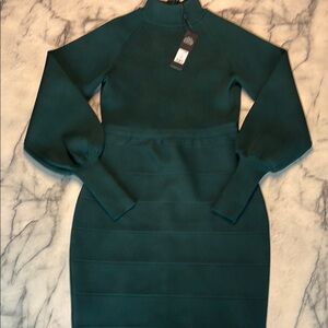 Fashion Nova Green Ribbed Bishop Sleeve Dress
